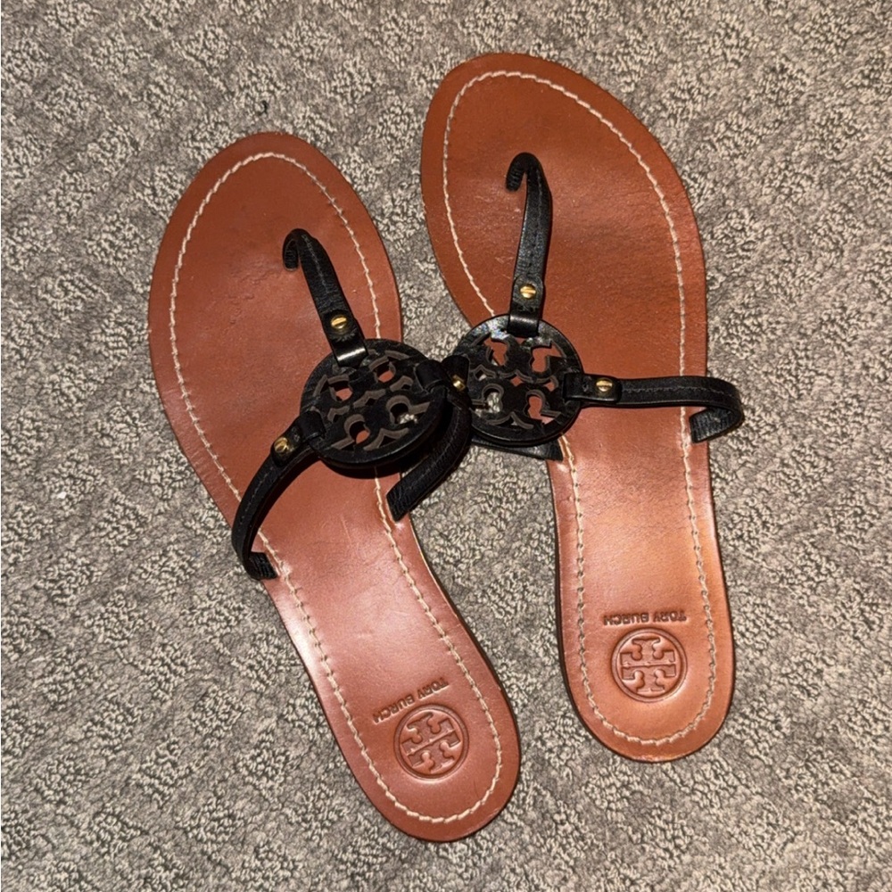 Tory Burch Black and Brown Sandals with Decorative Straps